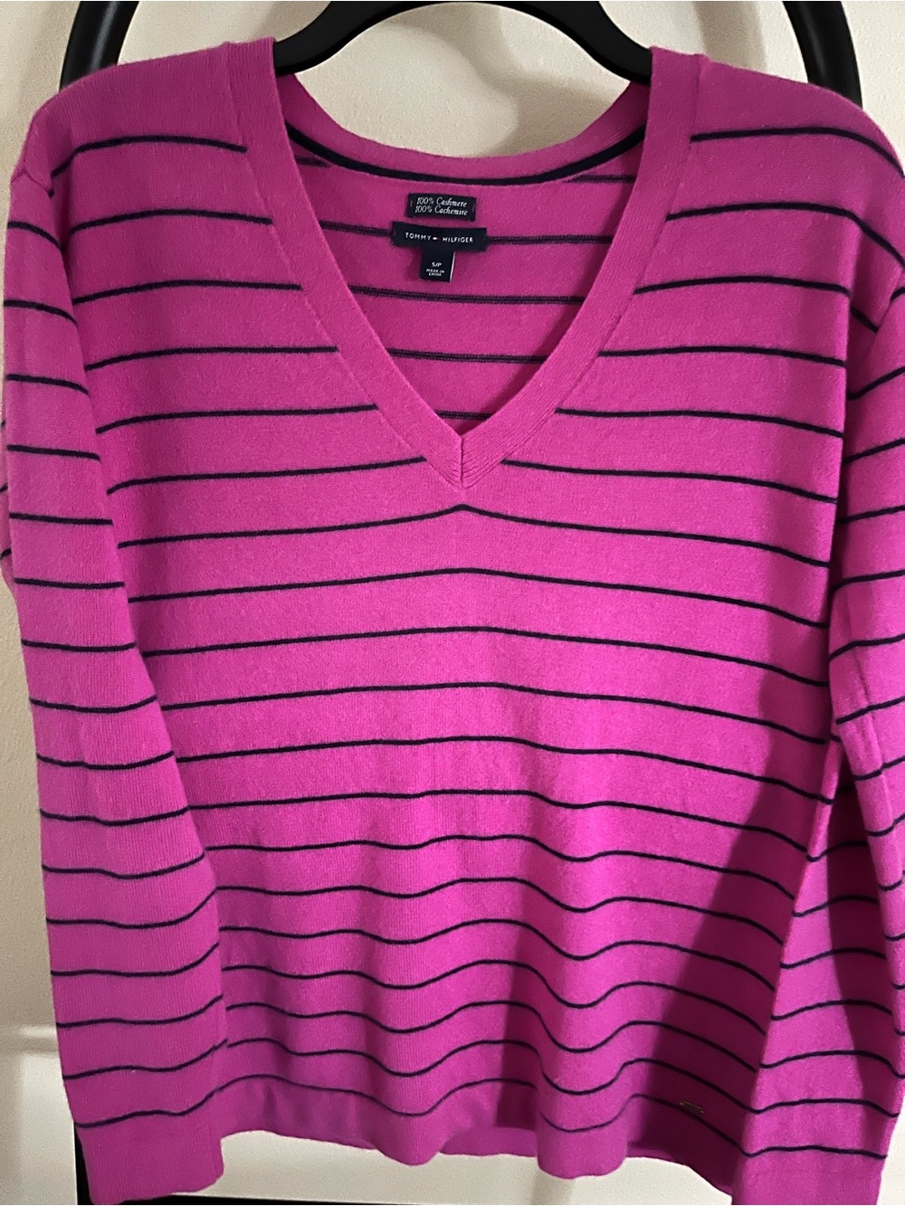 Tommy Hilfiger 100% Cashmere Bright Pink V-Neck Sweater with Navy Stripes